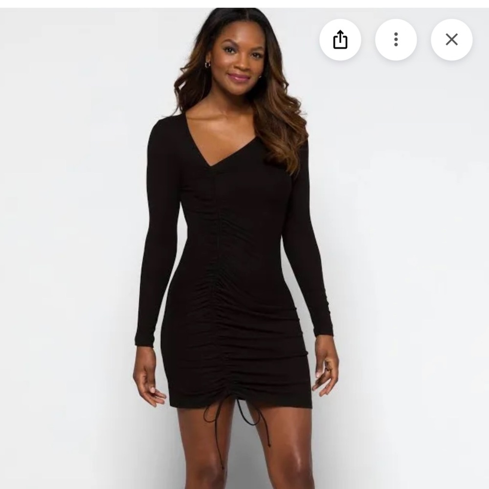 LNA Black Ruched Mini Dress with Drawstring - Picture 2 of 5
